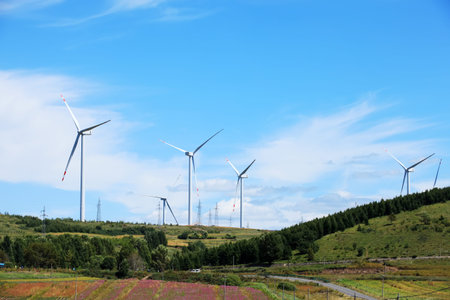 Wind turbines are on the grassland