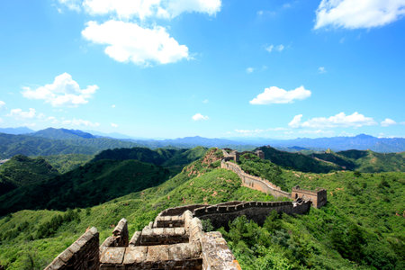 The Great Wall is under the blue sky and white cloudsの写真素材