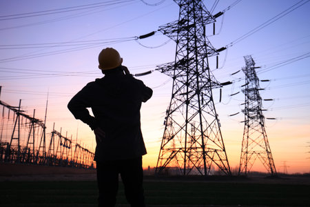 In the evening, electricity workers and pylon silhouette, Power workers at work