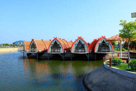 Wooden houses on the water, log cabins by the sea, places for tourists to restのeditorial素材