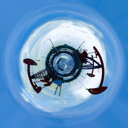 A 360-degree view of the oil field at night, oil pumps at night, Oil field site, in the evening, oil...