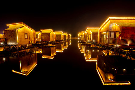 Log cabins by the sea, log cabins on the water, for tourists to restのeditorial素材