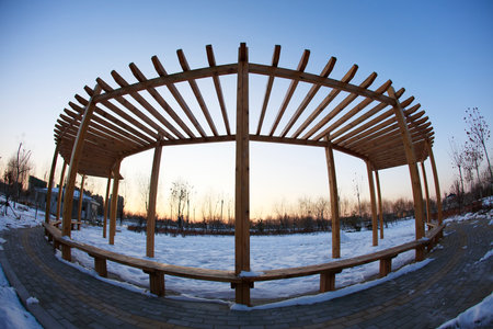 Wooden hallway in the evening, wooden hallway in the parkの写真素材