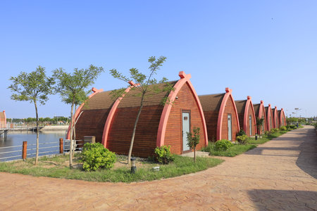 Wooden houses on the water, log cabins by the sea, places for tourists to restのeditorial素材