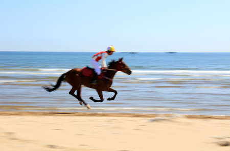 Race horse and jockey galloping on the beach, Race horses and jockeys competing on the beachの写真素材