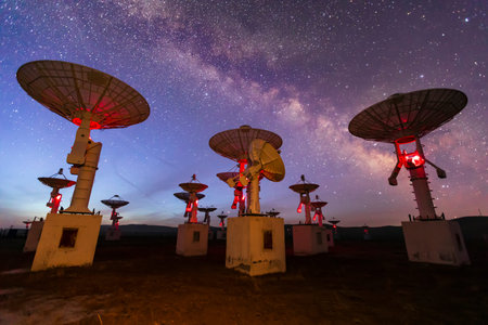 Radio telescopes and the Milky Way at night, Milky way panorama, Milky way over radio telescopes