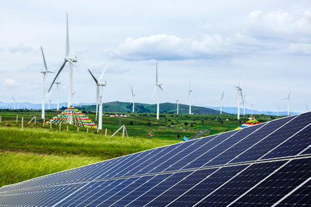Solar photovoltaic panels and wind turbines. Energy concept