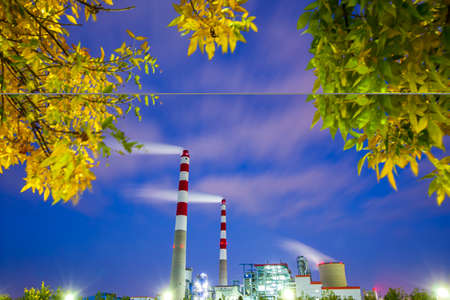 Thermal power plant at night, Power plant at nightの写真素材