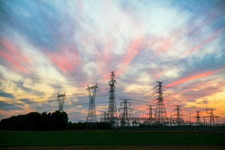 The silhouette of pylon, the pylon in the evening