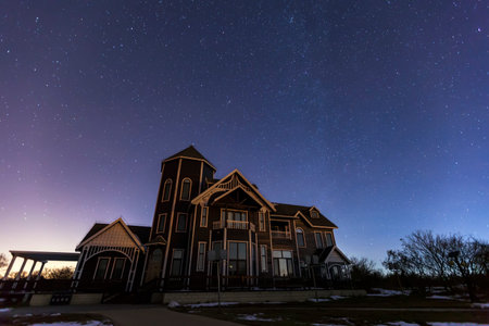 Wooden houses under the stars, beautiful wooden villas under the starsの写真素材