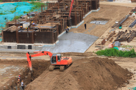 Workers work on construction sites, workers build residential buildingsのeditorial素材