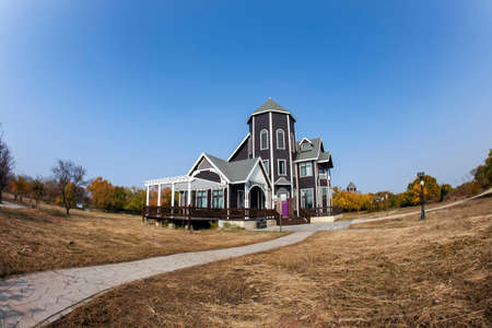 Wood villas in autumn, Wooden houses in autumnの写真素材