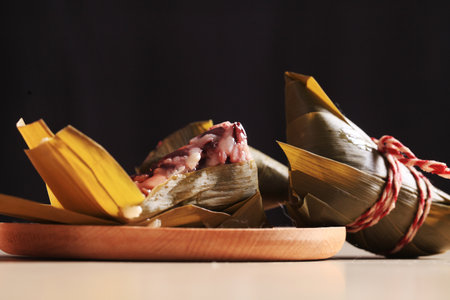 Rice dumplings, Glutinous Rice Wrapped in Bamboo Leaves Traditional Chinese Foodの写真素材