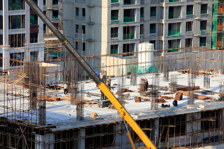 Workers work on construction sites, workers build residential buildingsの写真素材