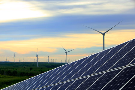 Wind turbines on the grasslandの写真素材
