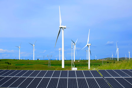 Wind turbines on the grasslandの写真素材