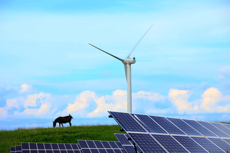 Wind turbines on the grasslandの写真素材
