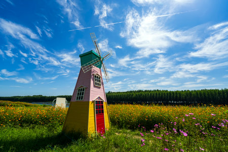 Beautiful windmill under the blue sky, the foreground is blooming flowersの写真素材