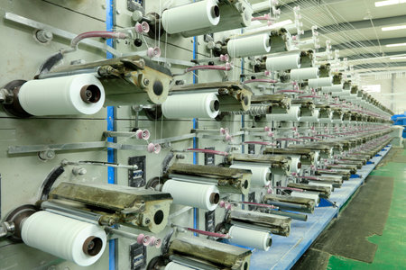 Packaging bag production workshop, The production workshop of woven belt, A factory workshop where textile belts are producedの写真素材