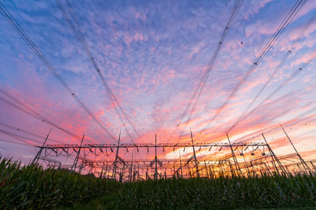 The power supply facilities of contour in the eveningの写真素材