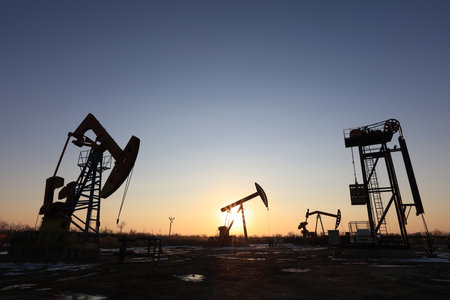 Oil field, tower pumping unit in the eveningの写真素材