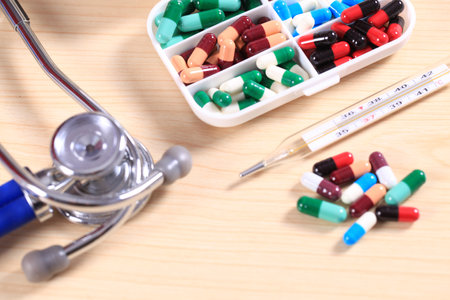 Pills. Medicine and healthy. Close up of capsules. Different kind of medicinesの写真素材