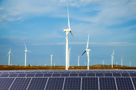 Solar photovoltaic panels and wind turbines. Energy conceptの写真素材