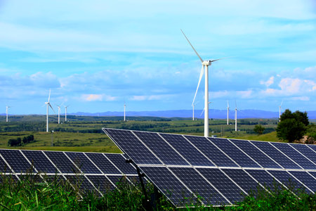 Solar photovoltaic panels and wind turbines. Energy conceptの写真素材