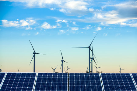 Solar photovoltaic panels and wind turbines. Energy conceptの写真素材