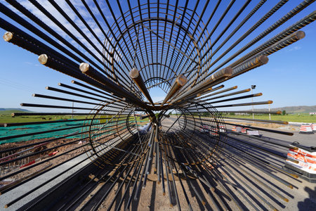 Rolls of steel wire mesh for building construction on the ground using, A grid of steel bars for building Bridgesの写真素材