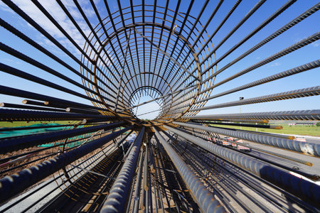 Rolls of steel wire mesh for building construction on the ground using, A grid of steel bars for building Bridgesの写真素材