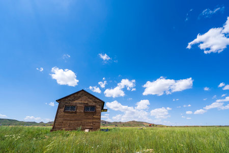 Beautiful wooden house on the grassland, blue sky and white cloudsの写真素材