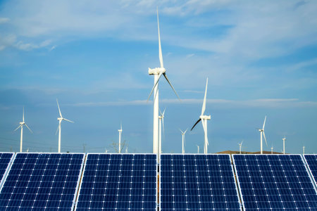 Solar photovoltaic panels and wind turbines. Energy conceptの写真素材