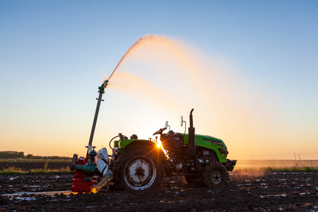 In the evening, tractors irrigate the fieldsの写真素材