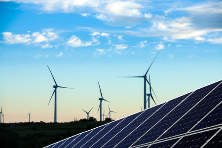 Solar photovoltaic panels and wind turbines. Energy conceptの写真素材