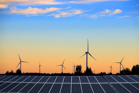 Solar photovoltaic panels and wind turbines. Energy conceptの写真素材