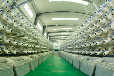Packaging bag production workshop, The production workshop of woven belt, A factory workshop where textile belts are producedの写真素材