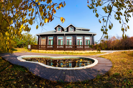 Wood villas in autumn, Wooden houses in autumnの写真素材