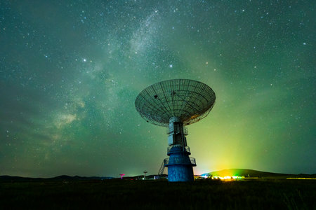 Radio telescopes and the Milky Way at night, Milky way panorama, Milky way over radio telescopesの写真素材