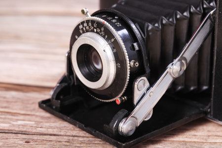 Antique film folding camera and old film, close-upsの写真素材