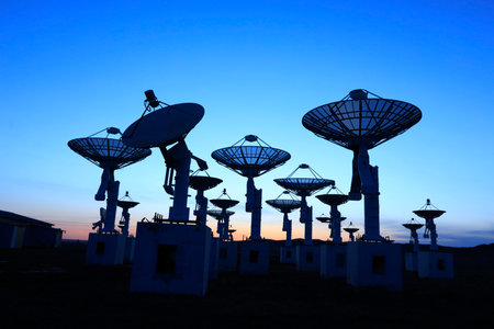 The observatory in the evening, The silhouette of a radio telescopeの写真素材