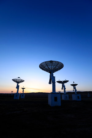 The observatory in the evening, The silhouette of a radio telescopeの写真素材