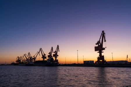 Gantry crane and cargo ship in the evening, Shipping and logistics conceptの写真素材