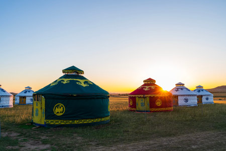 Yurts in the grassland, yurts in the morning, grassland yurts and beautiful morning glowの写真素材