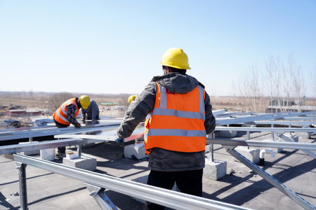 Workers install solar photovoltaic panels, Workers repair solar photovoltaic power generation equipmentの写真素材