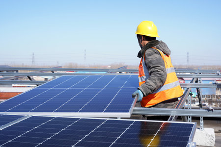 Workers install solar photovoltaic panels, Workers repair solar photovoltaic power generation equipmentの写真素材