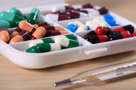 Pills. Medicine and healthy. Close up of capsules. Different kind of medicinesの写真素材