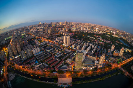 City view of Tianjin China at night, Tianjin urban landscapeの写真素材