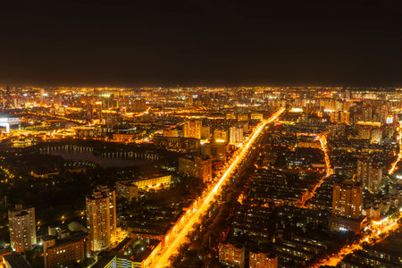 City view of Tianjin China at night, Tianjin urban landscapeの写真素材