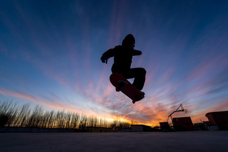 In the evening, a boy is playing skateboard. The silhouette of a boy on a skateboardの写真素材